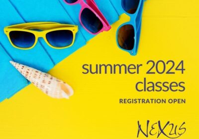Three pairs of sunglasses in bright colors (yellow, pink and blue) and a seashell are shown on a bright blue beach towel and bright yellow background. Text states summer 2024 classes registration open. NEXus logo provided and website address of www.winnexus.org. NEXus provides online graduate nursing classes for students.
